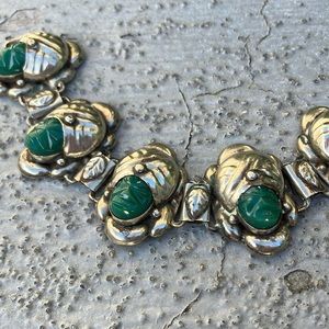Unique MCM Mexico Silver and Green Carved Mask & Headdress Bracelet